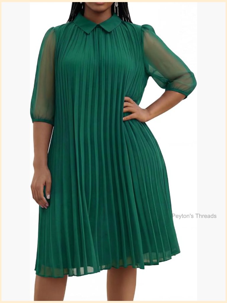 Women's Elegant Pleated Midi Dress Peter Pan Collar Loose Fit Cocktail Party